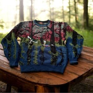 Vintage Duxbak Sportsman's Sweater Embroidered Ducks Men's XL Wetlands Scene